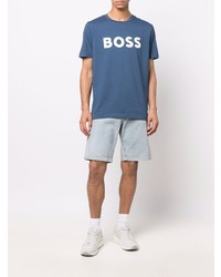 T-shirt à col rond imprimé bleu marine et blanc BOSS