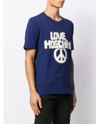 T-shirt à col rond imprimé bleu marine et blanc Love Moschino