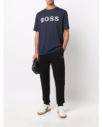 T-shirt à col rond imprimé bleu marine et blanc BOSS