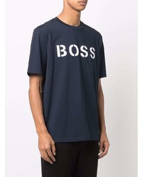 T-shirt à col rond imprimé bleu marine et blanc BOSS