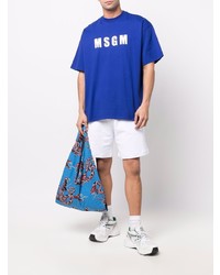 T-shirt à col rond imprimé bleu marine et blanc MSGM