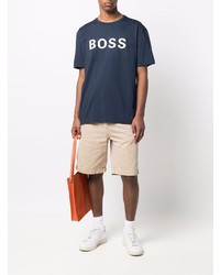 T-shirt à col rond imprimé bleu marine et blanc BOSS