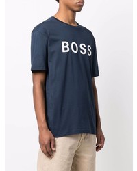 T-shirt à col rond imprimé bleu marine et blanc BOSS