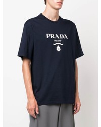 T-shirt à col rond imprimé bleu marine et blanc Prada