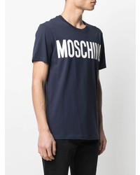T-shirt à col rond imprimé bleu marine et blanc Moschino
