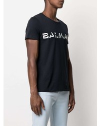 T-shirt à col rond imprimé bleu marine et blanc Balmain