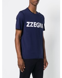 T-shirt à col rond imprimé bleu marine et blanc Z Zegna