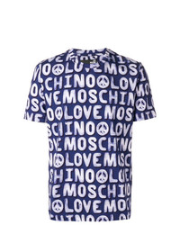 T-shirt à col rond imprimé bleu marine et blanc Love Moschino