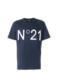 T-shirt à col rond imprimé bleu marine et blanc N°21