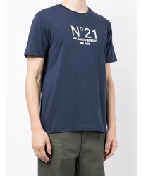 T-shirt à col rond imprimé bleu marine et blanc N°21