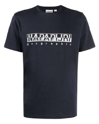 T-shirt à col rond imprimé bleu marine et blanc Napapijri