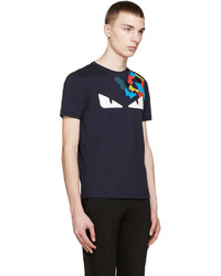 T-shirt à col rond imprimé bleu marine et blanc Fendi