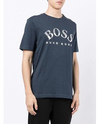 T-shirt à col rond imprimé bleu marine et blanc BOSS