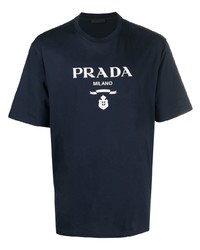 T-shirt à col rond imprimé bleu marine et blanc Prada