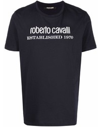 T-shirt à col rond imprimé bleu marine et blanc Roberto Cavalli