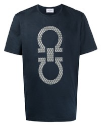 T-shirt à col rond imprimé bleu marine et blanc Salvatore Ferragamo