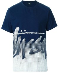 T-shirt à col rond imprimé bleu marine et blanc Stussy