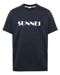 T-shirt à col rond imprimé bleu marine et blanc Sunnei