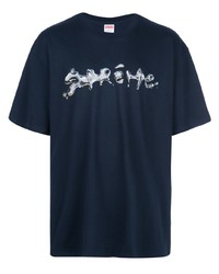 T-shirt à col rond imprimé bleu marine et blanc Supreme