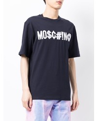 T-shirt à col rond imprimé bleu marine et blanc Moschino