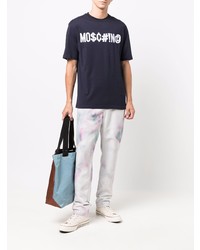 T-shirt à col rond imprimé bleu marine et blanc Moschino