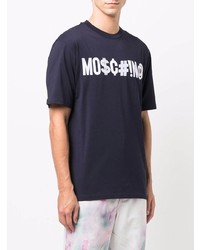 T-shirt à col rond imprimé bleu marine et blanc Moschino