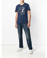 T-shirt à col rond imprimé bleu marine et blanc Versace Jeans
