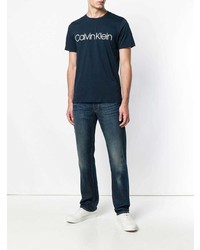 T-shirt à col rond imprimé bleu marine et blanc Calvin Klein