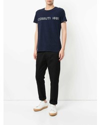 T-shirt à col rond imprimé bleu marine et blanc Cerruti 1881