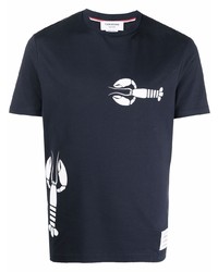 T-shirt à col rond imprimé bleu marine et blanc Thom Browne