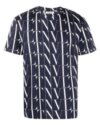 T-shirt à col rond imprimé bleu marine et blanc Valentino