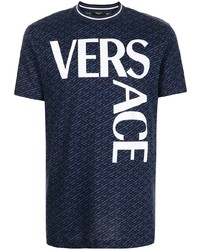 T-shirt à col rond imprimé bleu marine et blanc Versace
