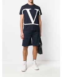 T-shirt à col rond imprimé bleu marine et blanc Valentino