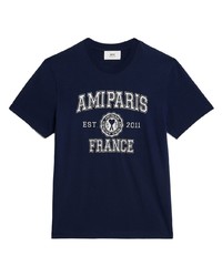 T-shirt à col rond imprimé bleu marine Ami Paris
