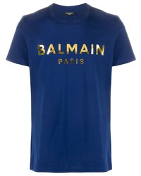 T-shirt à col rond imprimé bleu marine Balmain