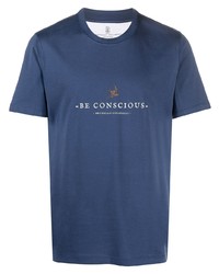 T-shirt à col rond imprimé bleu marine Brunello Cucinelli