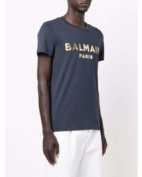 T-shirt à col rond imprimé bleu marine Balmain