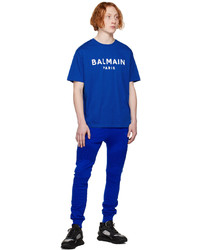 T-shirt à col rond imprimé bleu Balmain