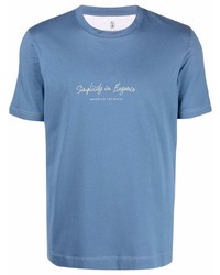 T-shirt à col rond imprimé bleu Brunello Cucinelli