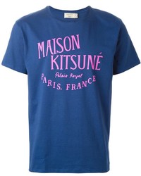 T-shirt à col rond imprimé bleu Kitsune