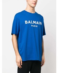 T-shirt à col rond imprimé bleu Balmain