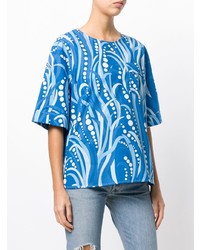 T-shirt à col rond imprimé bleu La Doublej