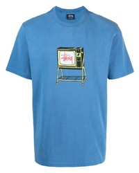 T-shirt à col rond imprimé bleu Stussy