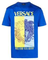 T-shirt à col rond imprimé bleu Versace
