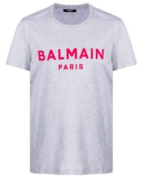 T-shirt à col rond imprimé gris Balmain