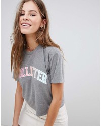 T-shirt à col rond imprimé gris Hollister