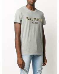 T-shirt à col rond imprimé gris Balmain