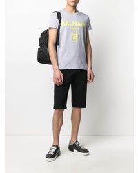 T-shirt à col rond imprimé gris Balmain