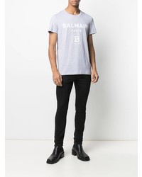 T-shirt à col rond imprimé gris Balmain