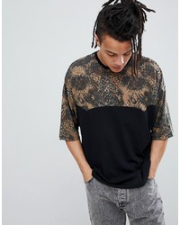 T-shirt à col rond imprimé léopard noir